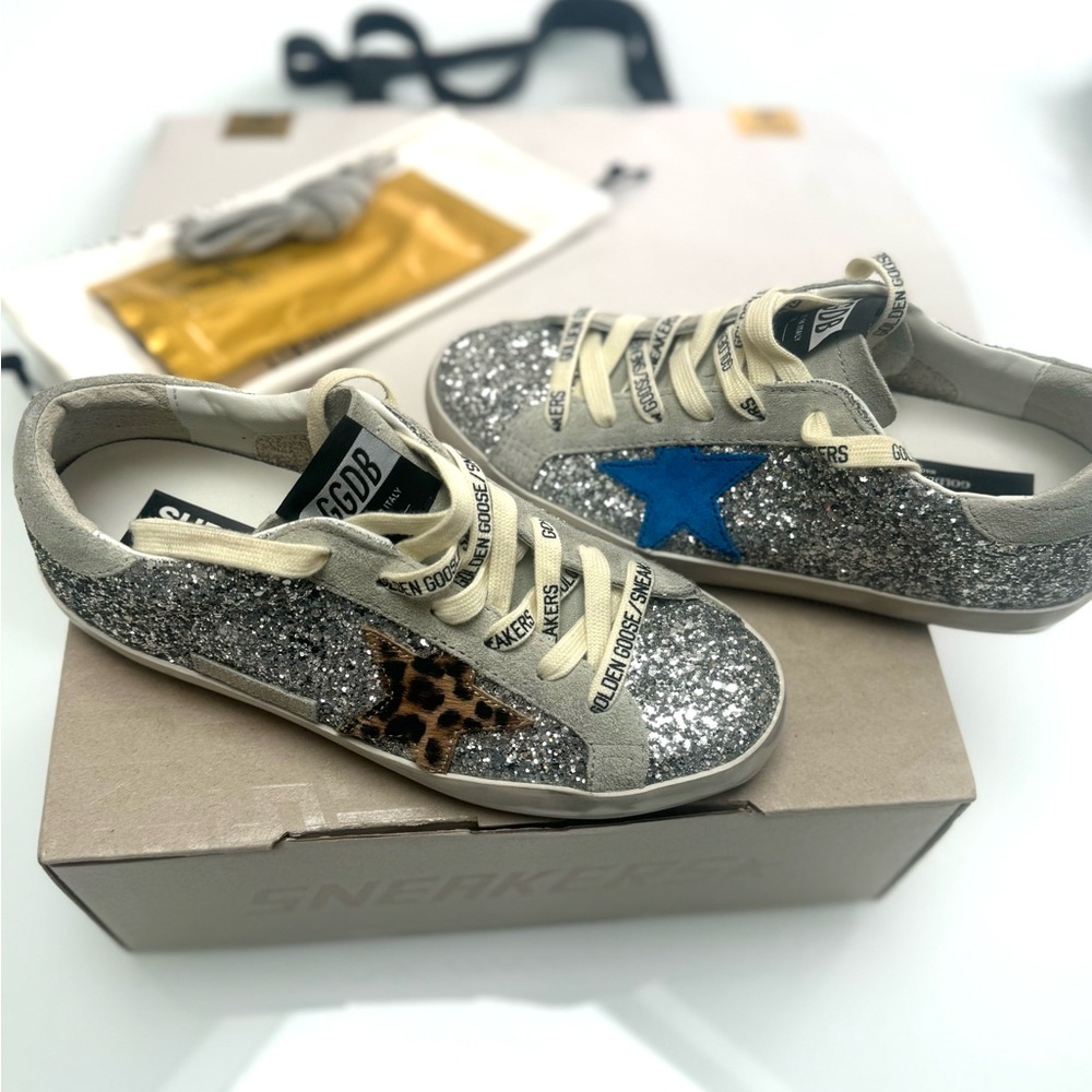 Golden Goose Silver and Blue Sneakers Sparkly Low-Top